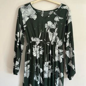 Tea length dark green floral dress